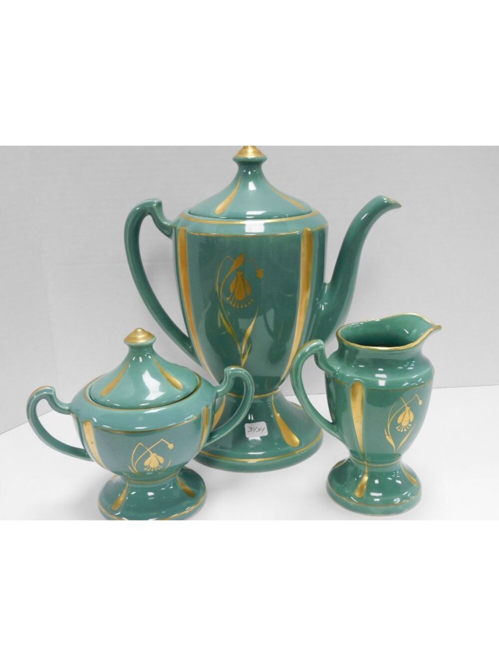 Vintage Green Ceramic 3pc Teapot/ Coffee Set With Creamer & Sugar DW43